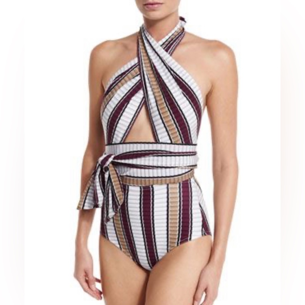 Striped Halter Wrap One-Piece Palazzo Swimsuit